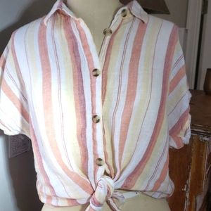 Linen Cotton blend crop tie shirt